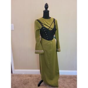 Womens Vintage Maxi Dress Avocado Green Crochet Lace Bell Sleezes 1970s M